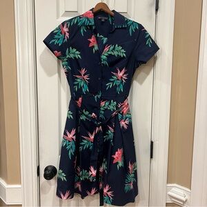 NWOT Brooks Brothers Navy Palm Leaves Pink Floral Shirt Dress with Tie Women’s 4